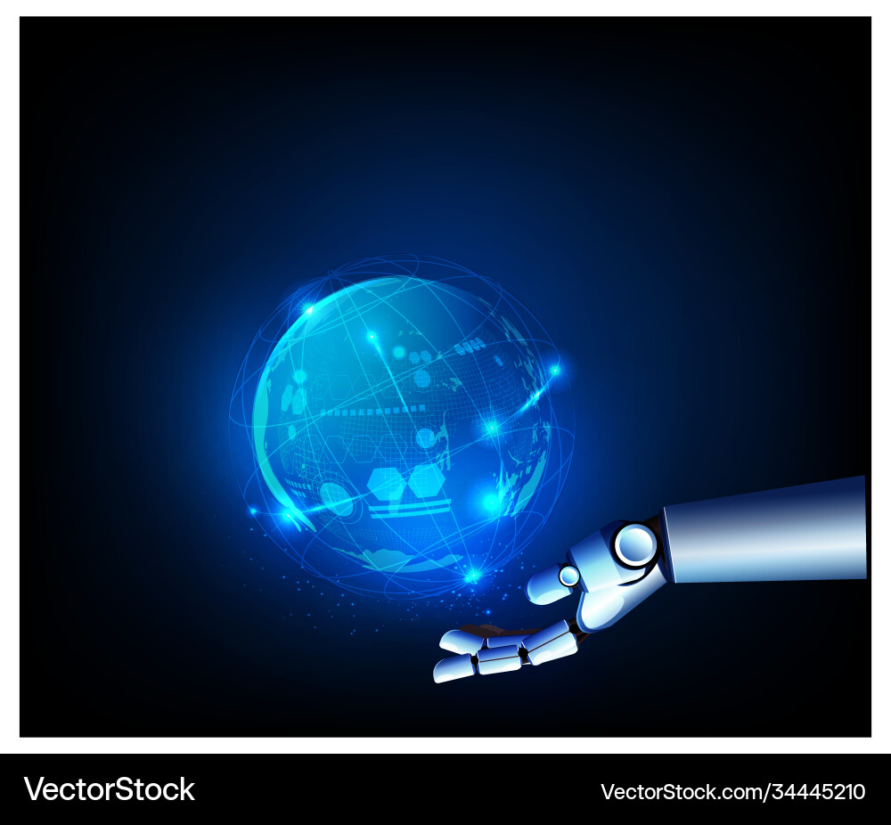 Digital datas on hologram with robot hand screen Digital datas on hologram with robot hand screen Vector Image