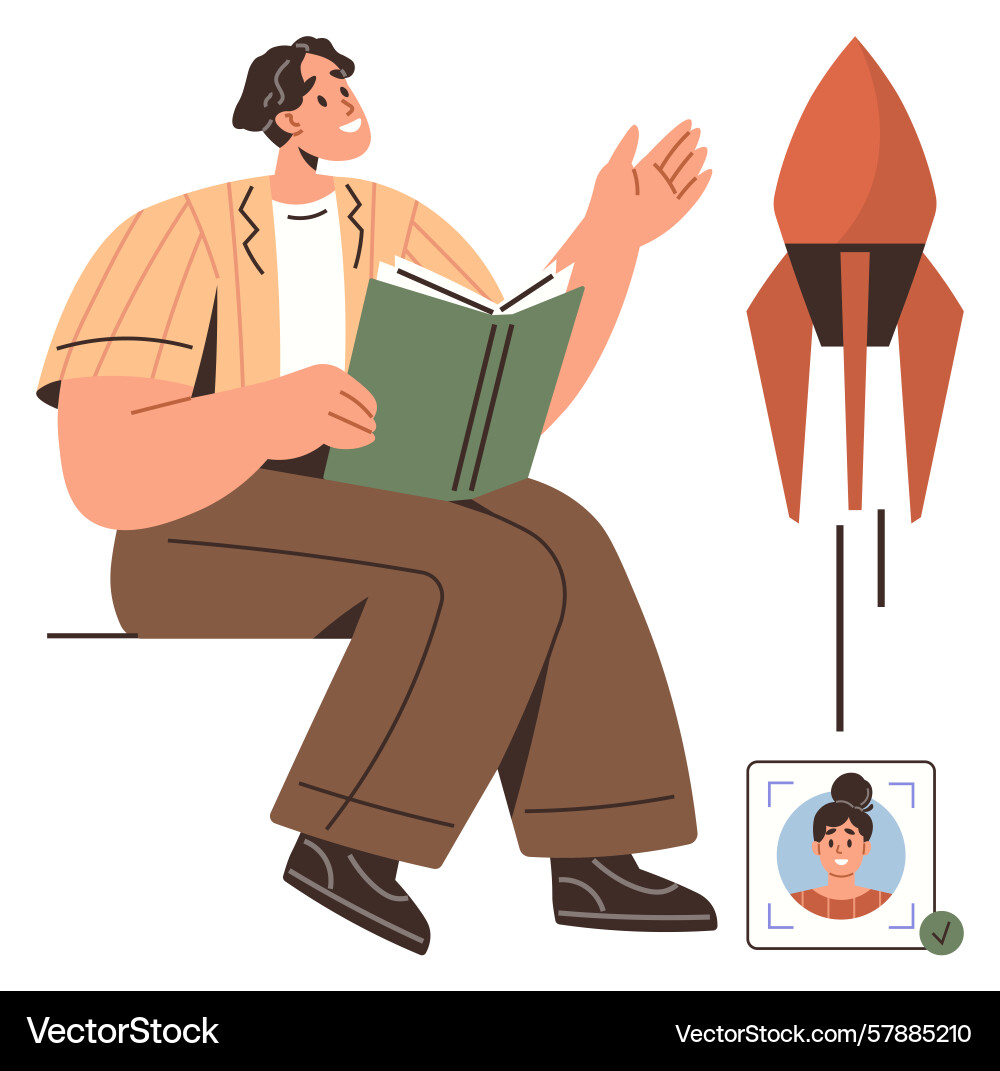 Man reading book and rocket launch concept Vector Image