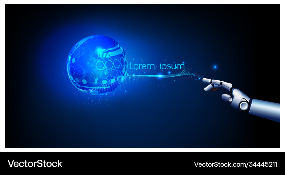 Digital datas on hologram with robot hand screen vector image