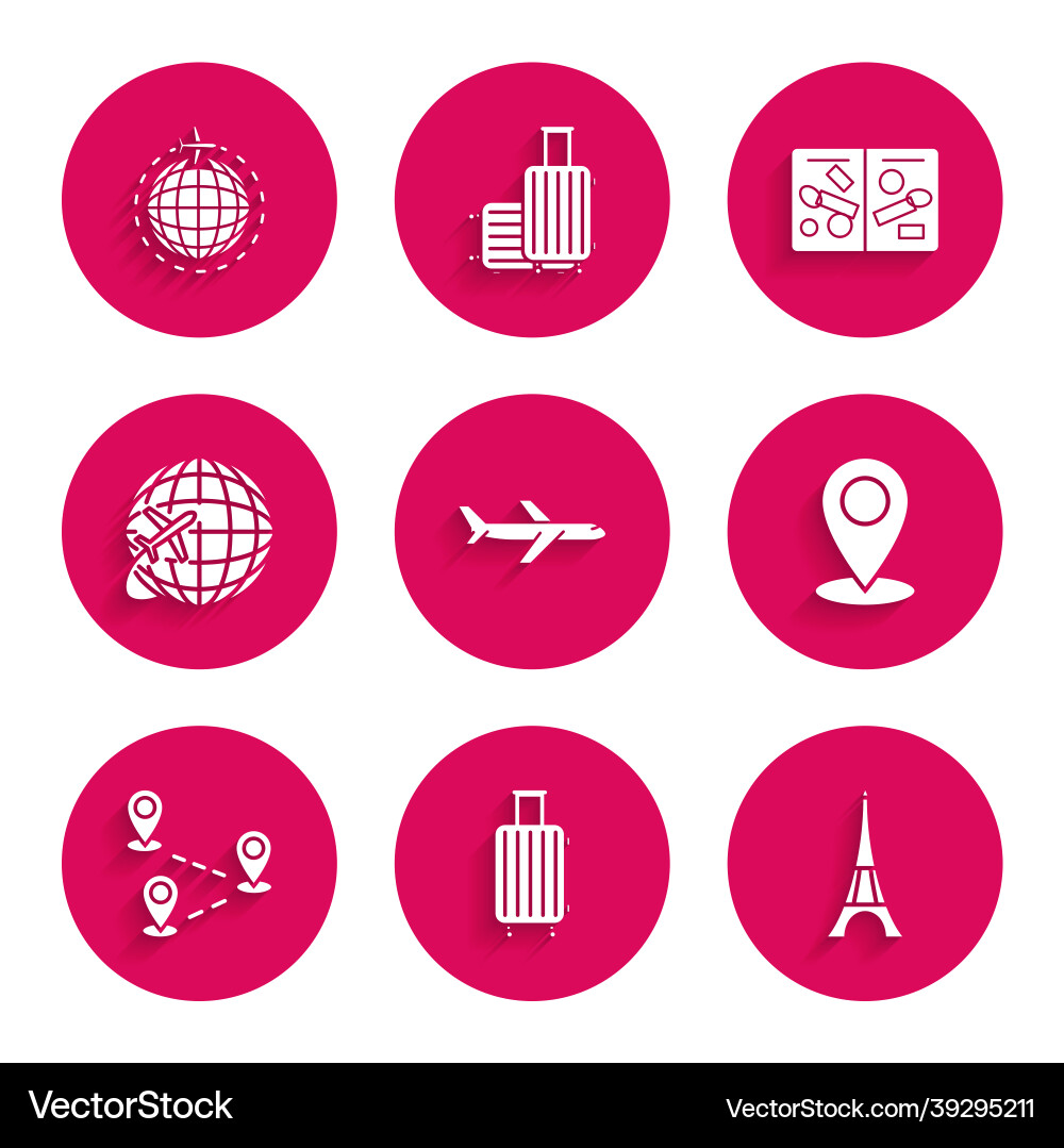 Set plane suitcase for travel eiffel tower map vector image