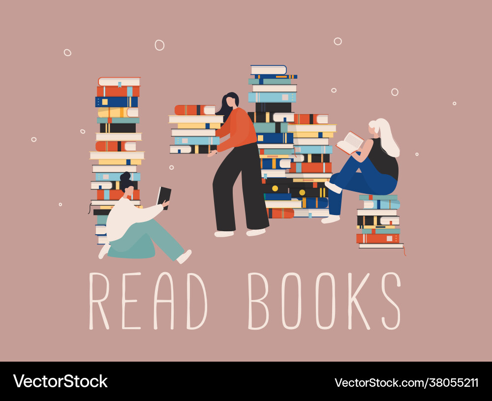Young stylish female readers sitting on stack Young stylish female readers sitting on stack vector image