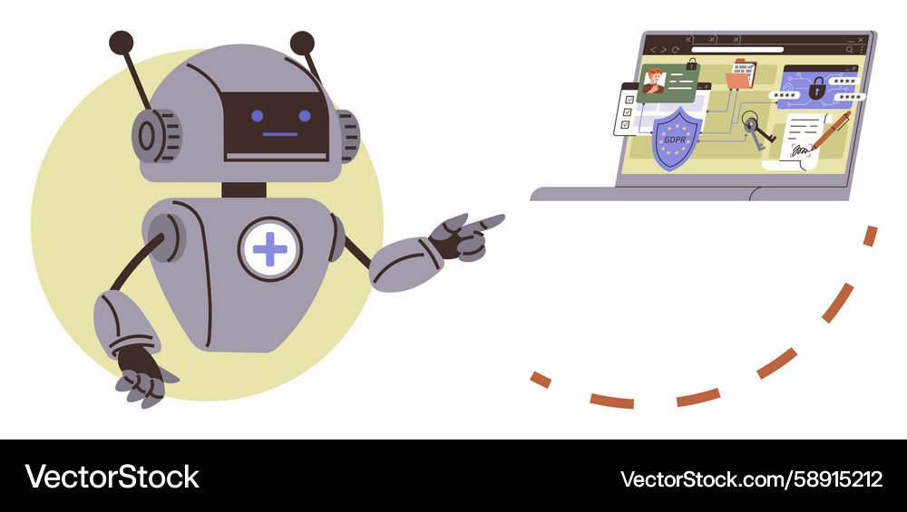 Ai robot interacting with laptop displaying Ai robot interacting with laptop displaying Vector Image