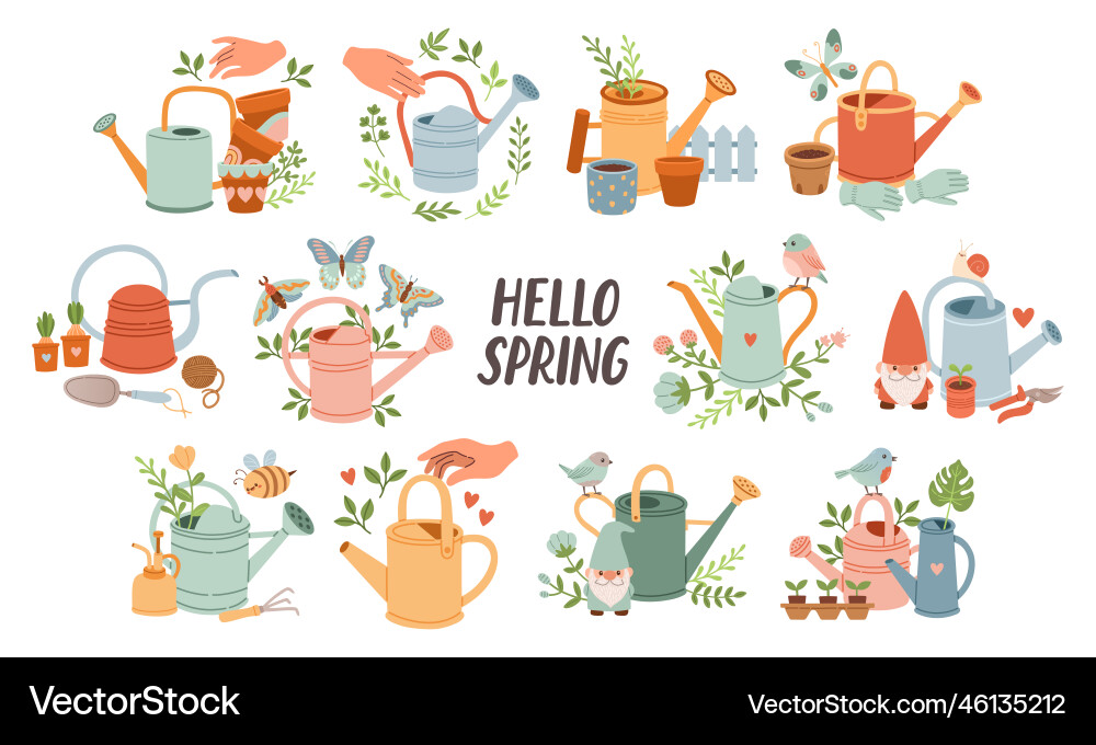 Spring Floral Watering Can Set Vector Image