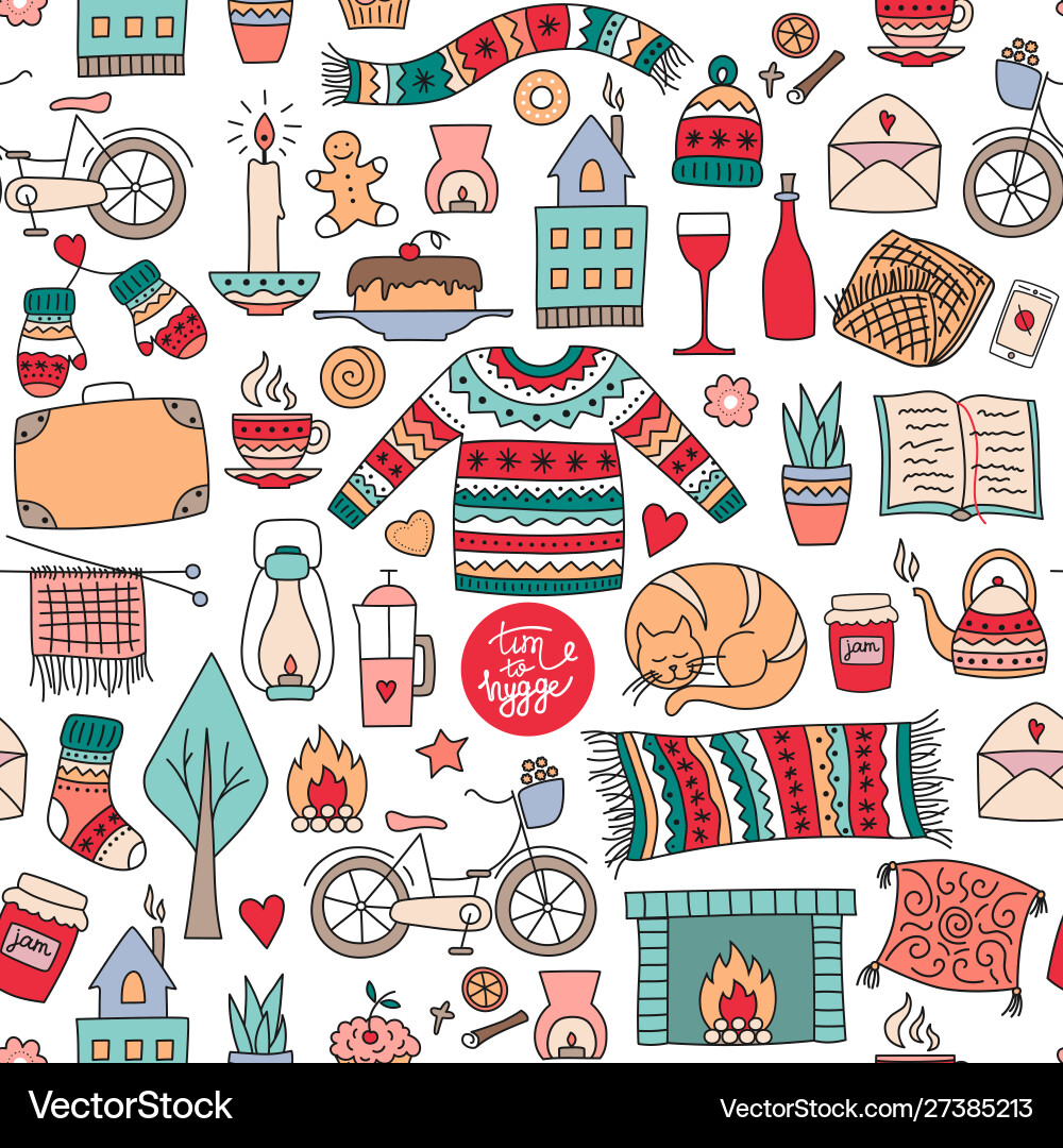Hand drawn seamless pattern with hygge elements Hand drawn seamless pattern with hygge elements Vector Image