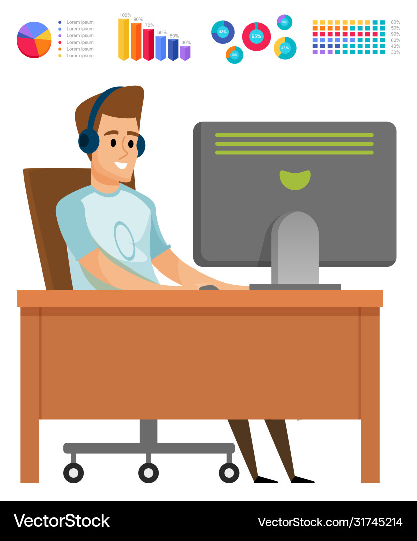 Diagram report man working with computer vector image