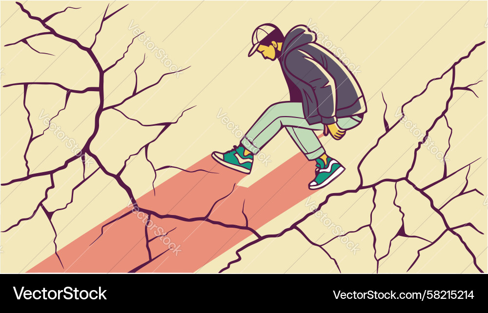 Man Running Across Cracked Path Vector Image