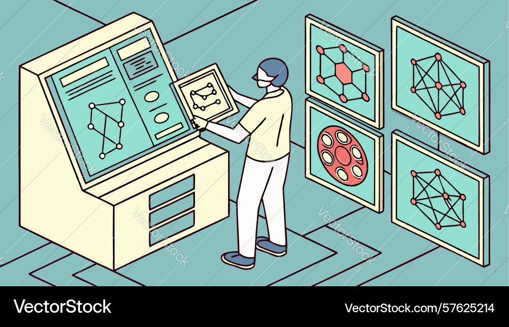 Scientist analyzing data on multi-screen vector image