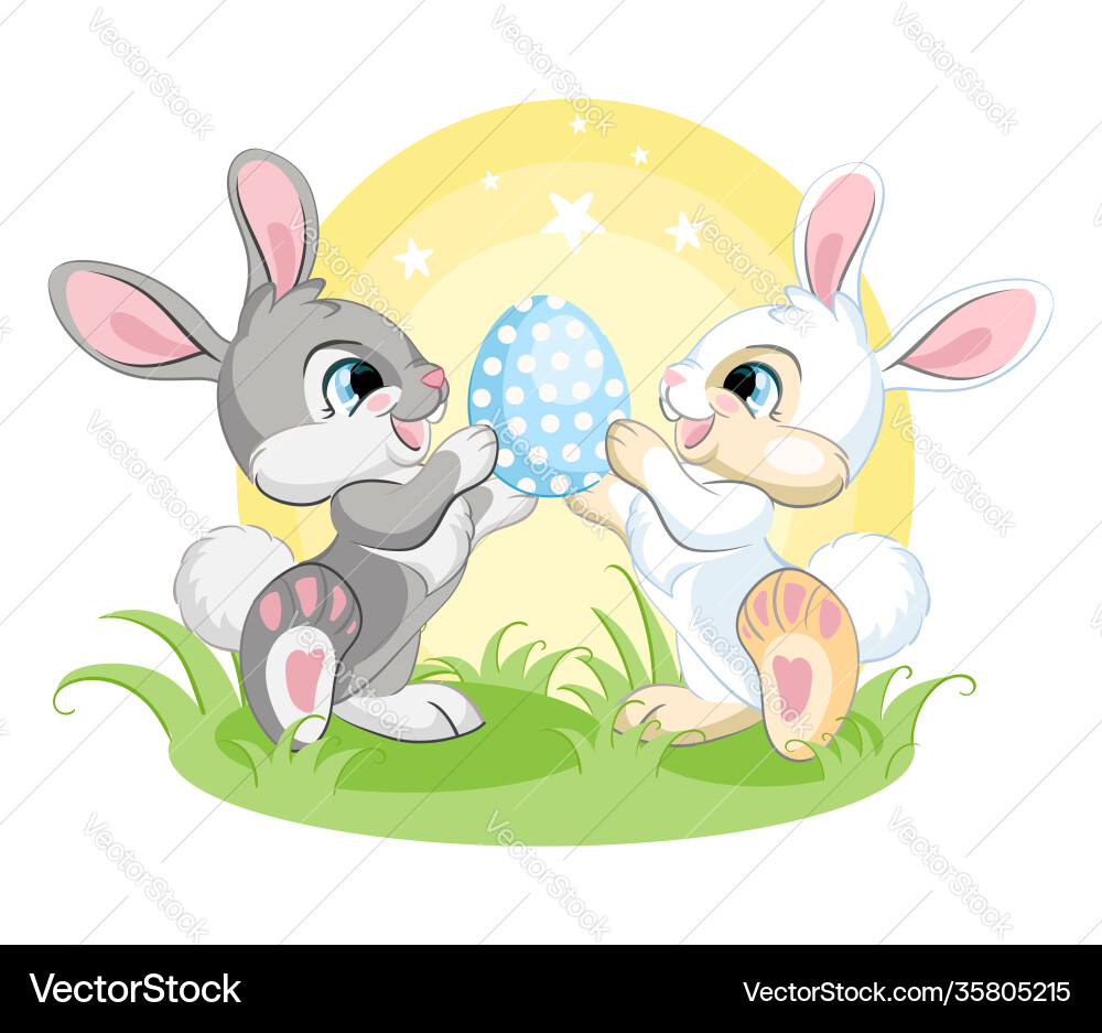 Cute easter bunnies looking at egg Royalty Free Vector Image