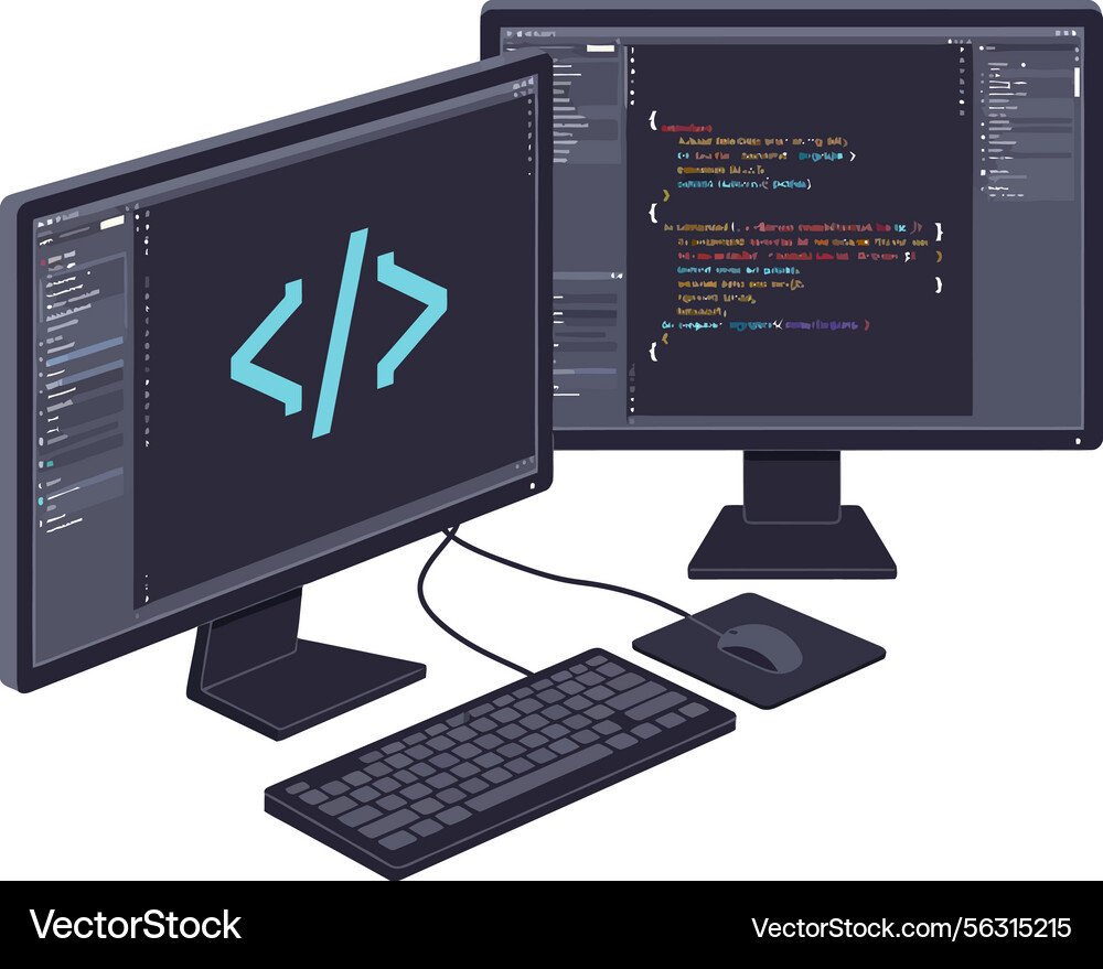 Dual Computer Monitors with Code vector image