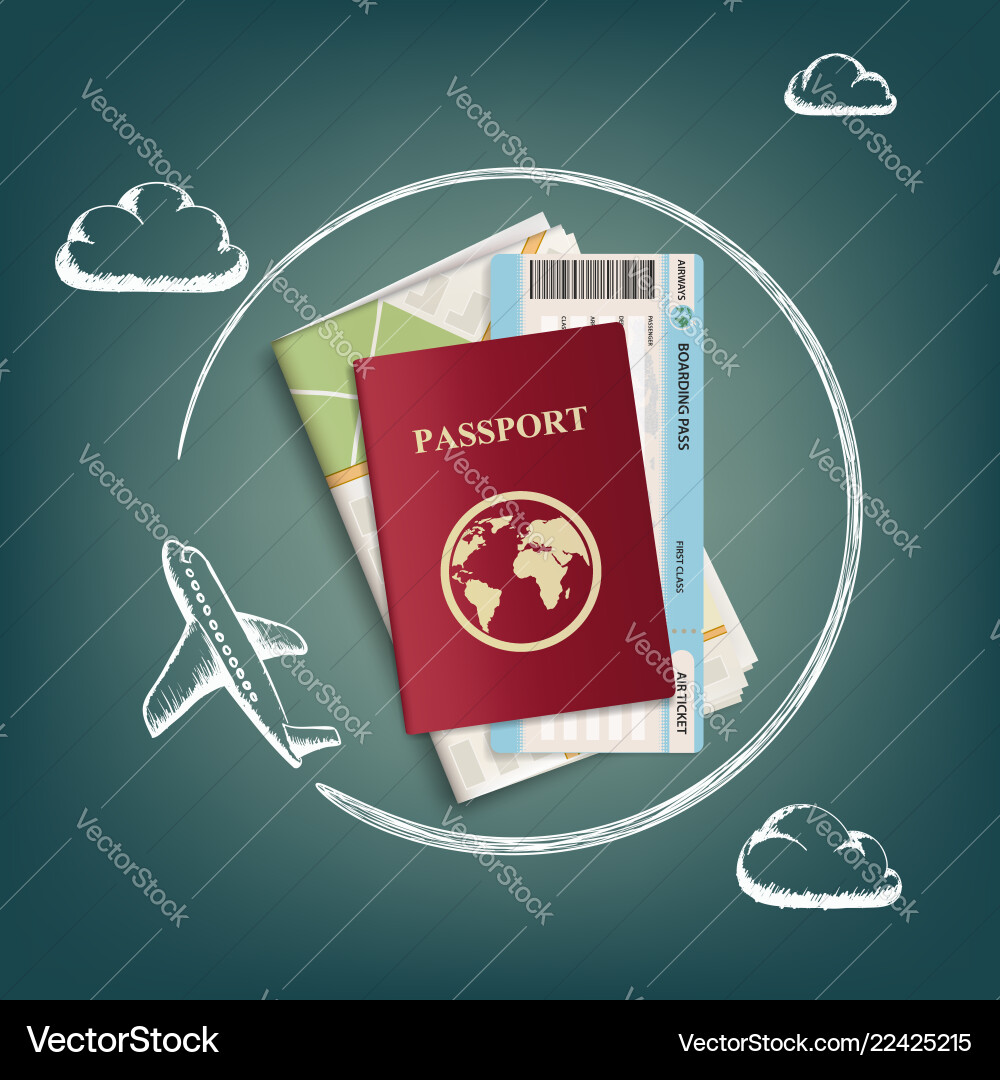 Plane flies around passport with ticket and map Vector Image
