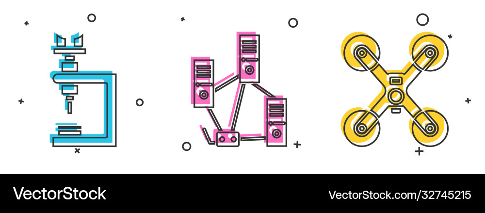 Set microscope computer network and drone flying vector image