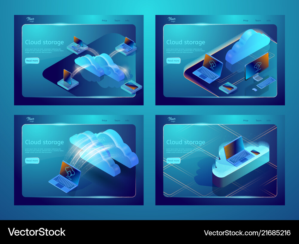Set of isometric cloud data storage vector image