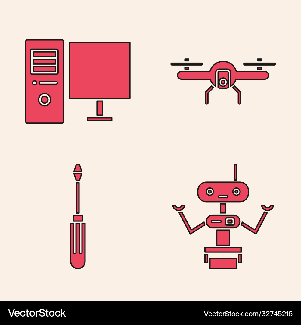 Set robot computer monitor drone flying Set robot computer monitor drone flying vector image