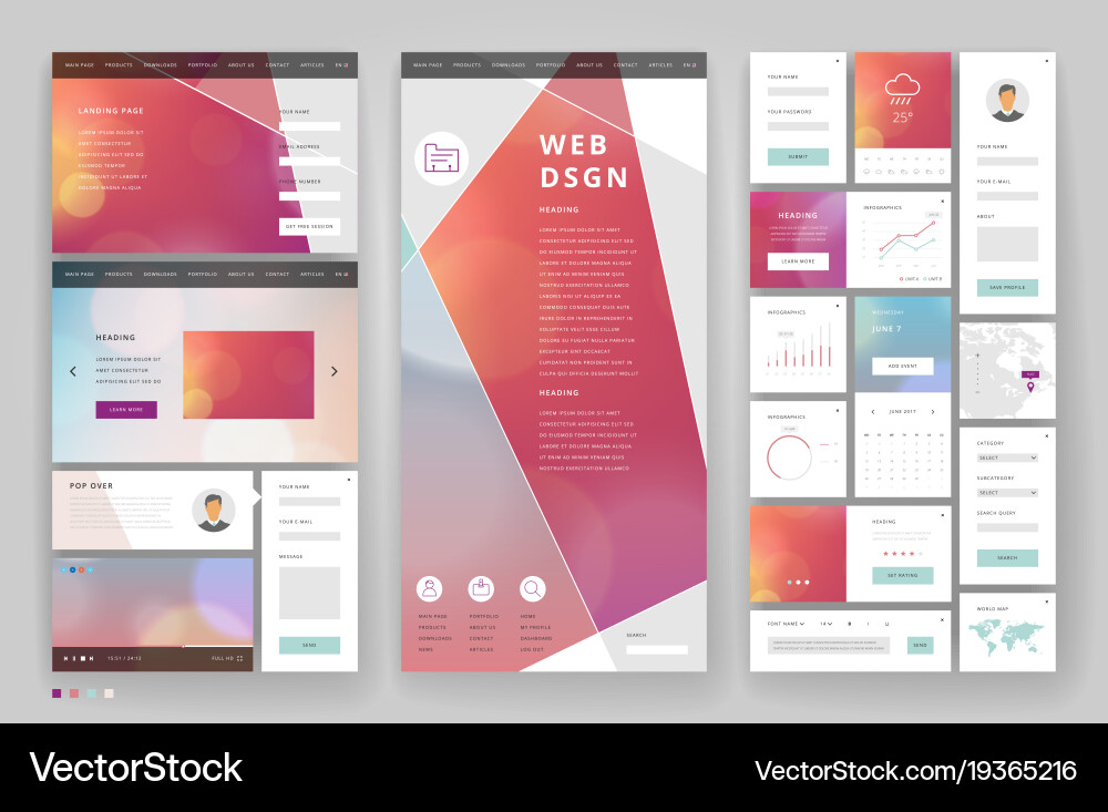 Website Template Design mit Schnittstellenelementen Vektorbild