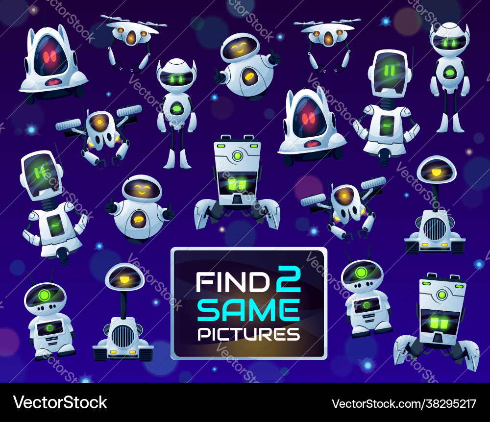 Find same robots or drones kids game and puzzle Find same robots or drones kids game and puzzle vector image