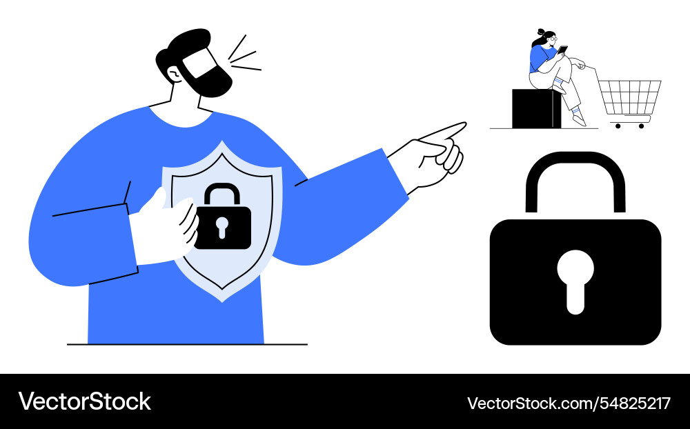 Man holding shield with lock symbol large padlock Man holding shield with lock symbol large padlock vector image