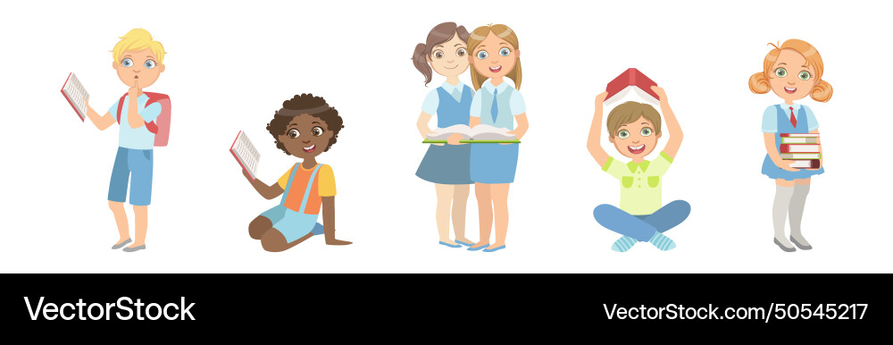 Smart children reading book study and learning Vector Image