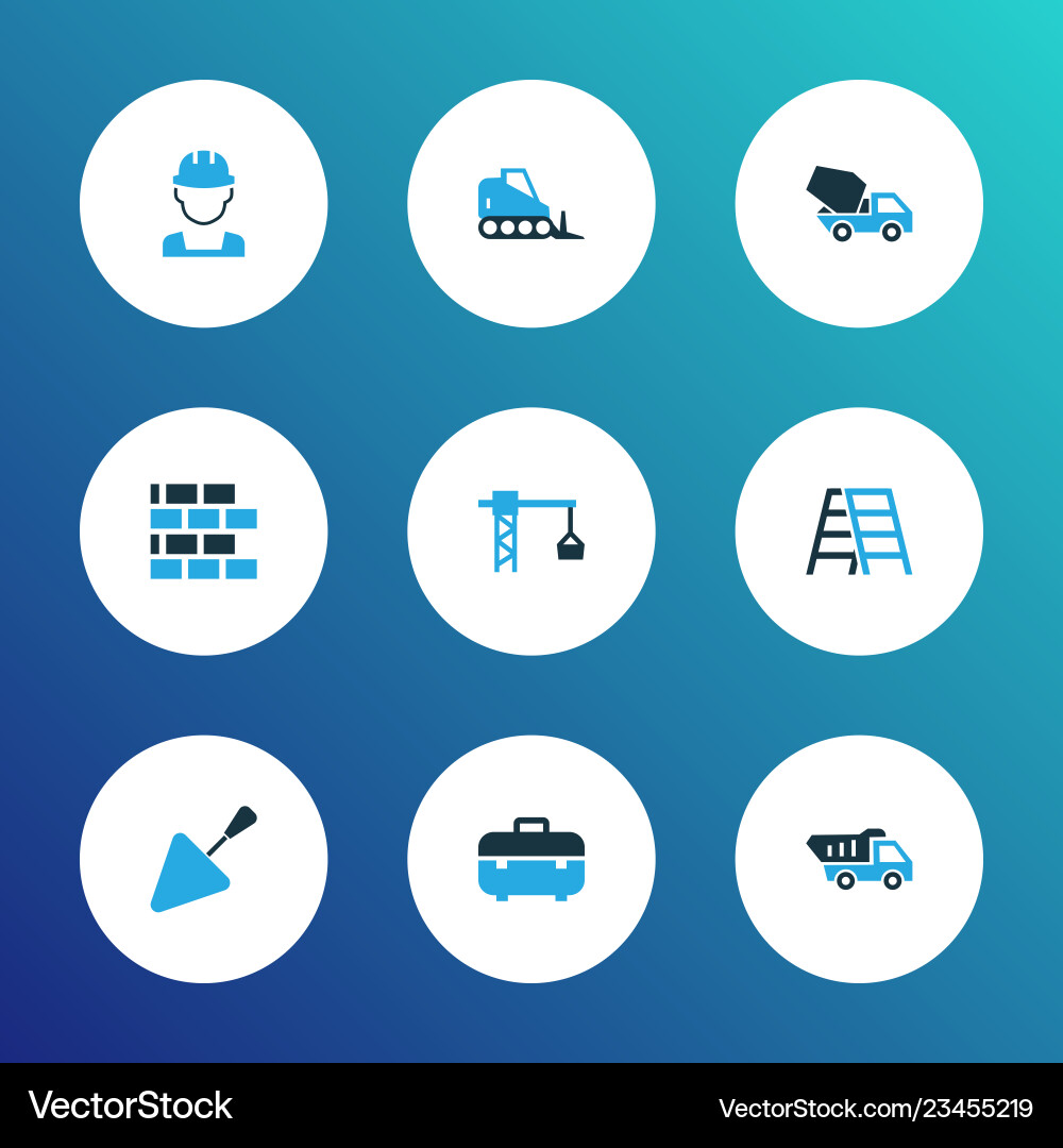 Building icons colored set with tipper toolbox Building icons colored set with tipper toolbox vector image
