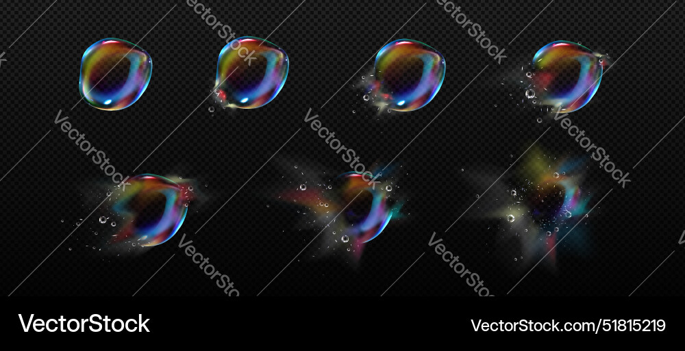 Iridescent soap bubble burst sequence steps Iridescent soap bubble burst sequence steps vector image