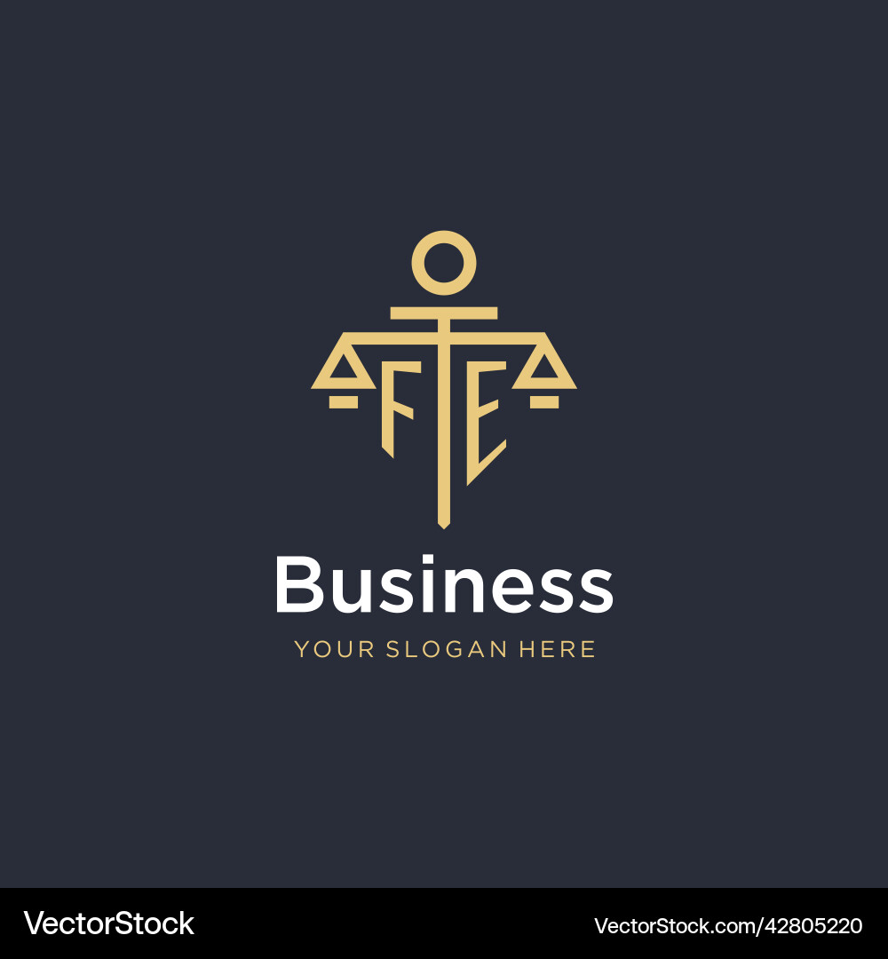 Fe initial monogram logo with scale and pillar vector image