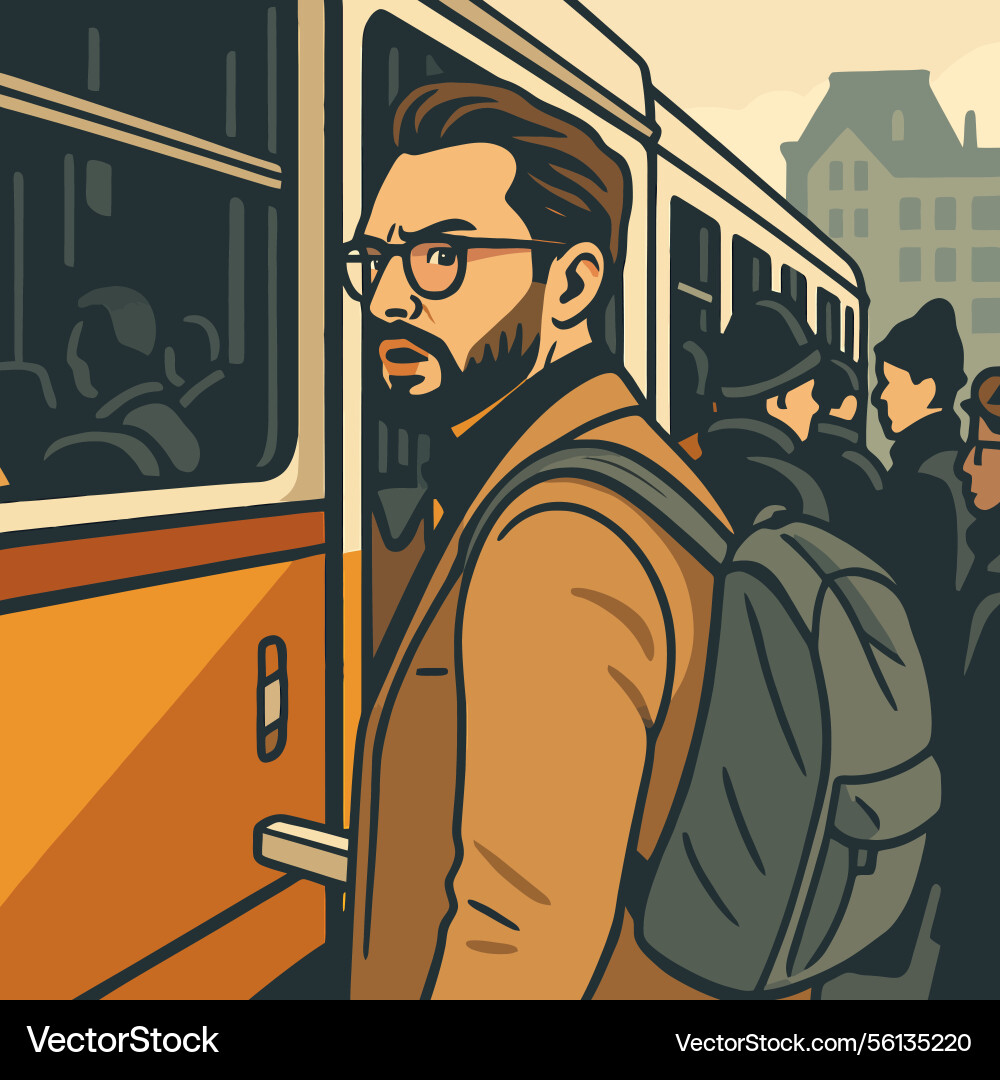 Man boarding train with worried expression Man boarding train with worried expression Vector Image