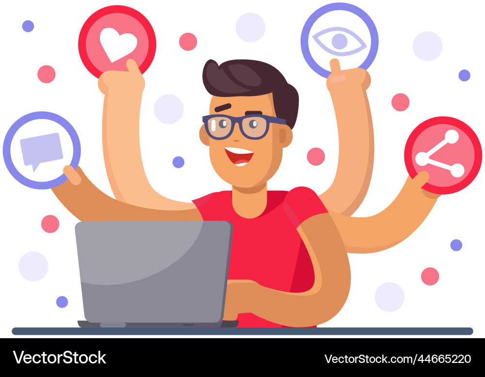Multitasking man using global connection system Multitasking man using global connection system vector image