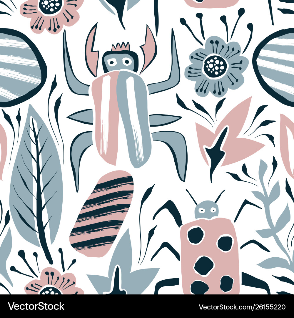 Summer seamless pattern with bugs and leaves Vector Image