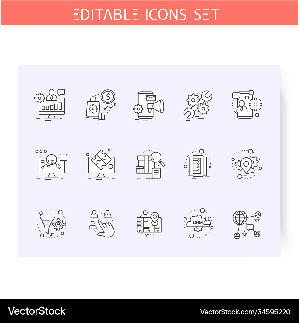 Types crm systems line icons set editable Types crm systems line icons set editable vector image