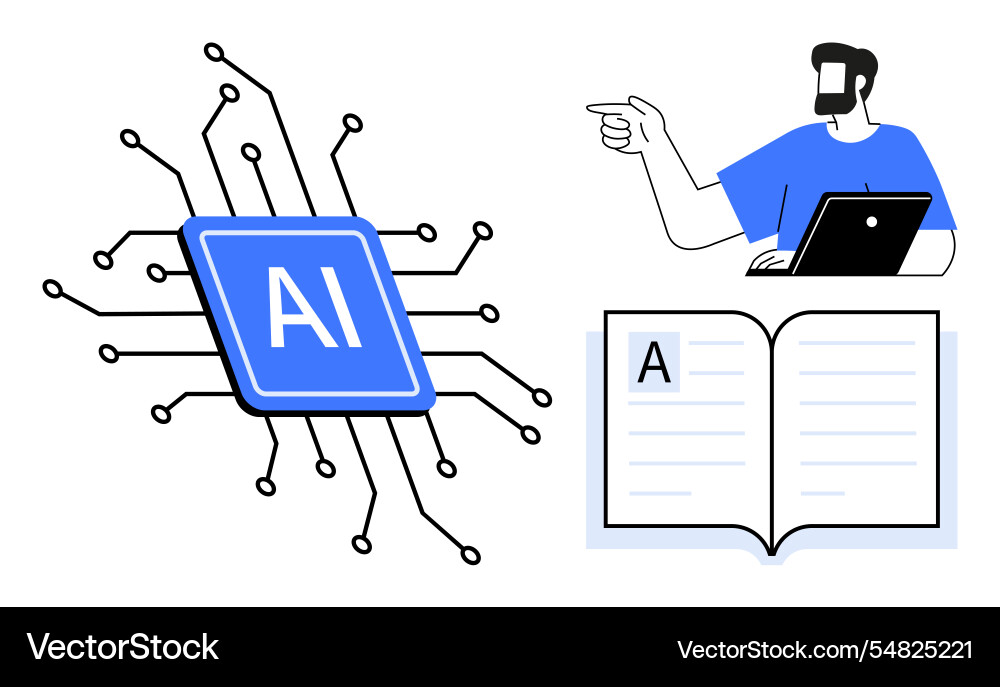 Ai concept with neural network person pointing Ai concept with neural network person pointing vector image
