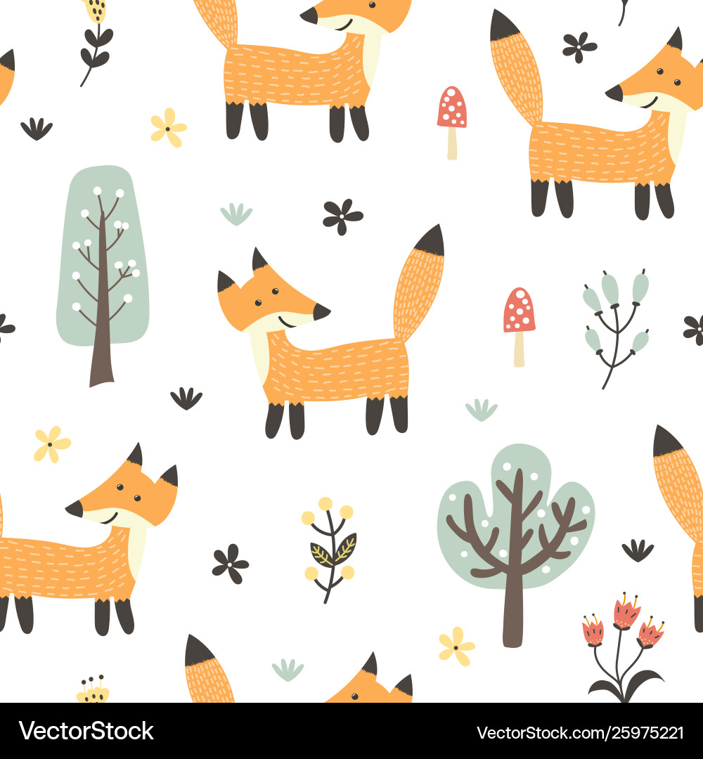 Cute Fox Forest Pattern Vector Image