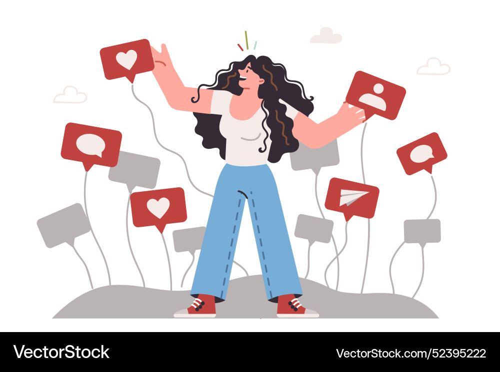 Frau Blogger verwendet smm und erhält positive Frau Blogger verwendet smm und erhält positive vektorbild
