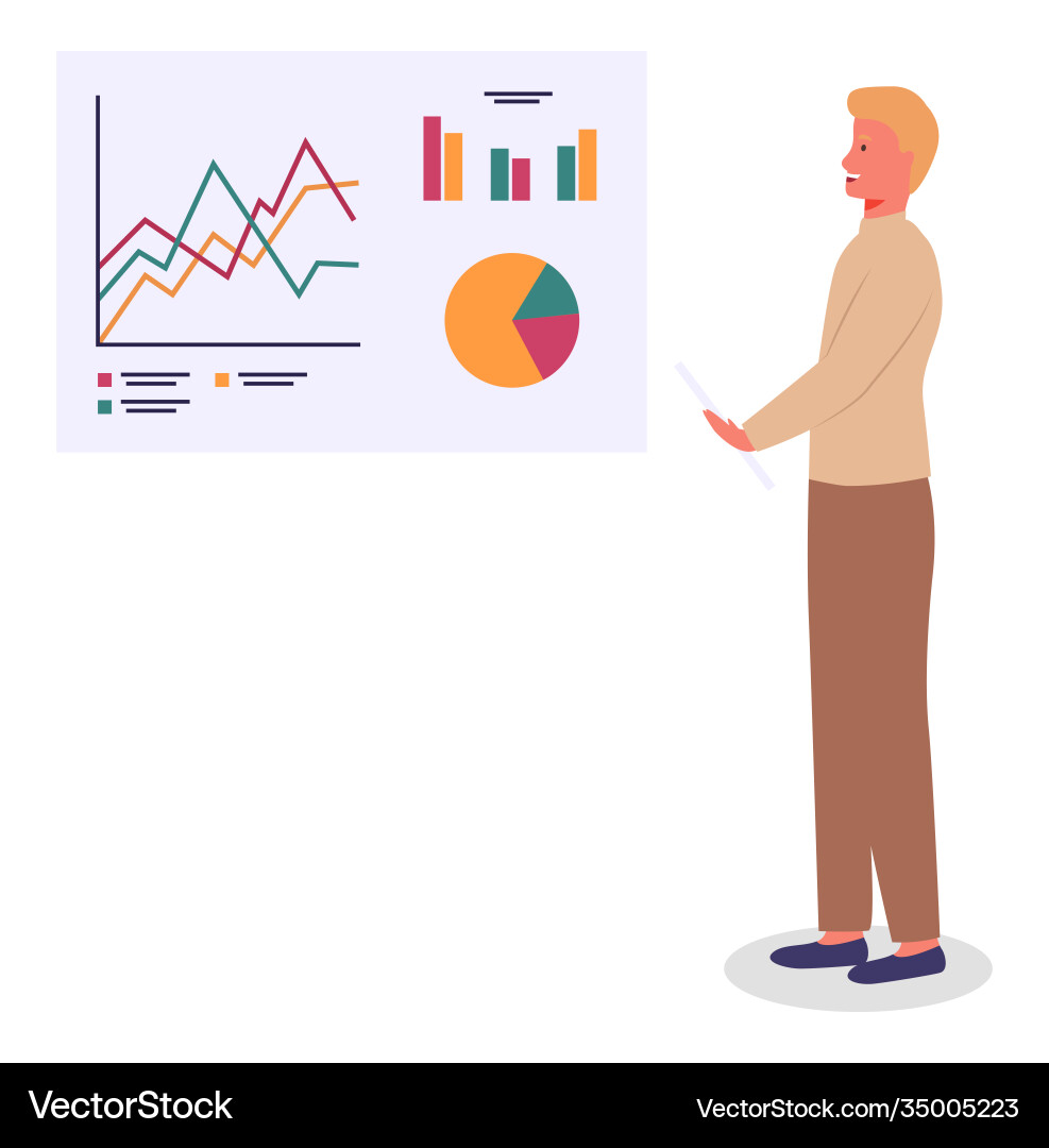 Man makes presentation using large stand Man makes presentation using large stand Vector Image