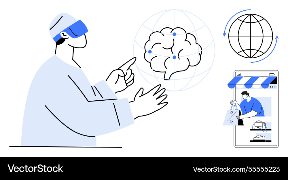 Virtual reality user interacting with a digital Virtual reality user interacting with a digital vector image
