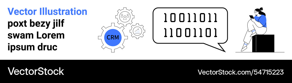 Woman on smartphone crm cogs and binary code Woman on smartphone crm cogs and binary code vector image