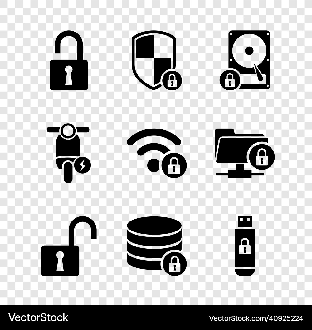 Set open padlock shield security with hard disk Set open padlock shield security with hard disk vector image