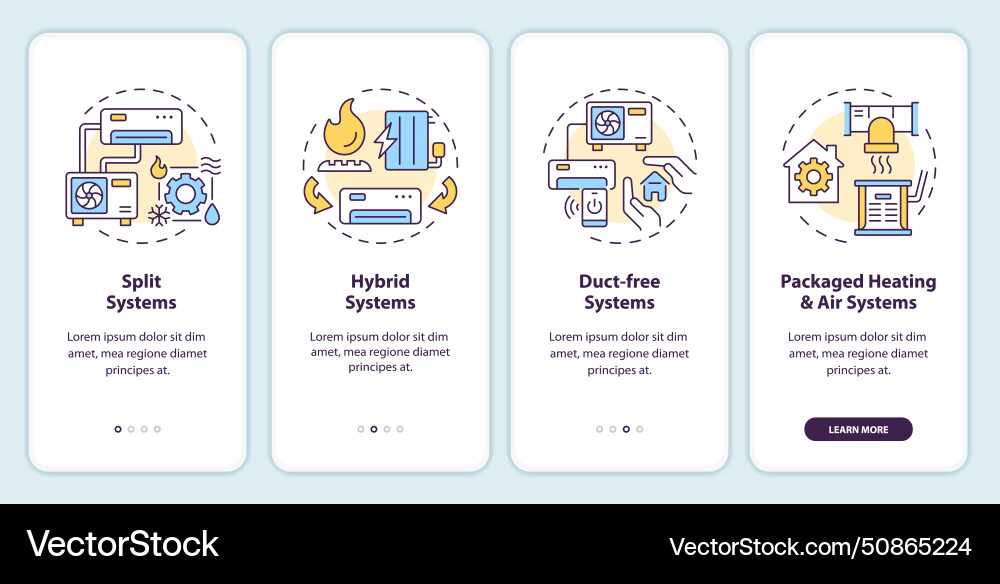 Types of hvac systems onboarding mobile app screen Types of hvac systems onboarding mobile app screen vector image