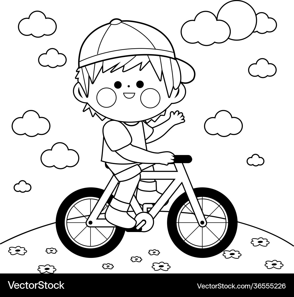 Boy Riding Bicycle - Coloring Page Vector Image
