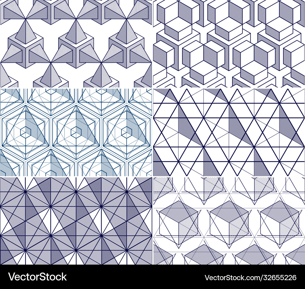 Geometric cubes abstract seamless patterns set 3d Geometric cubes abstract seamless patterns set 3d vector image