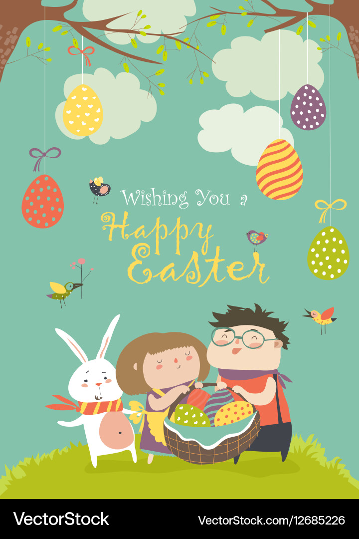 Happy children holding a basket of easter eggs Vector Image