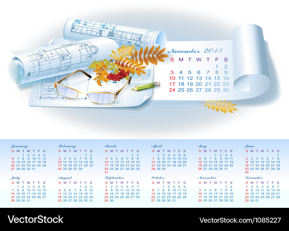 Calendar for 2013 with architectural elements Vector Image