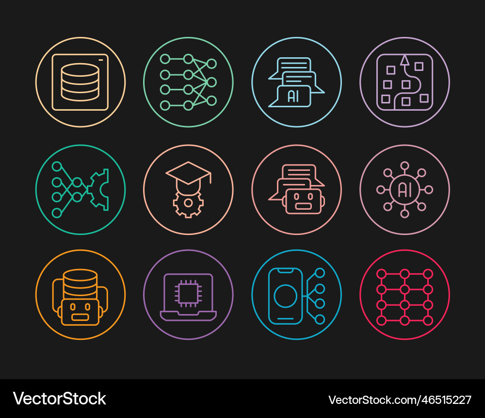 Set line neural network chat bot graduation cap Set line neural network chat bot graduation cap vector image