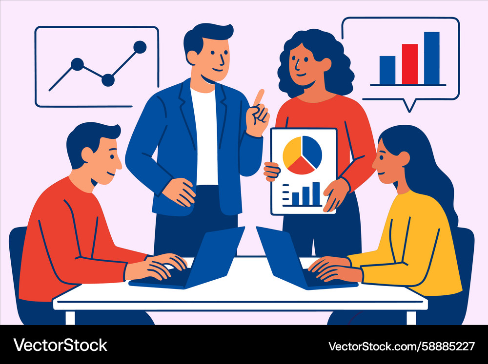 Team discussing charts and graphs at a table Team discussing charts and graphs at a table Vector Image