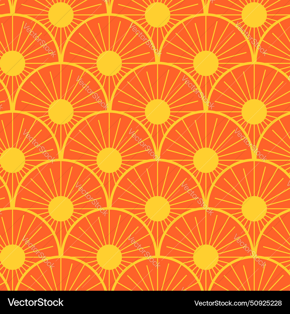 Art deco yellow sun on orange seamless pattern Vector Image
