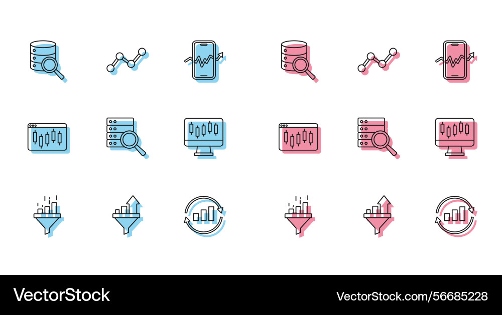 Set line sales funnel with chart server graph Set line sales funnel with chart server graph vector image
