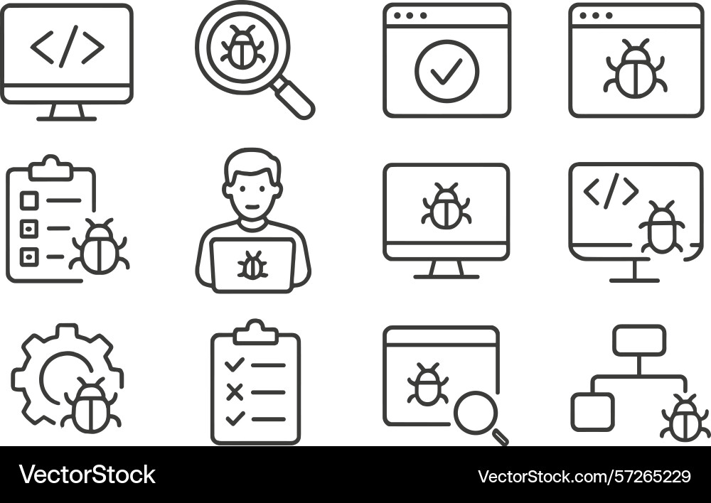 Collection of bug tracking and debugging icons Collection of bug tracking and debugging icons vector image