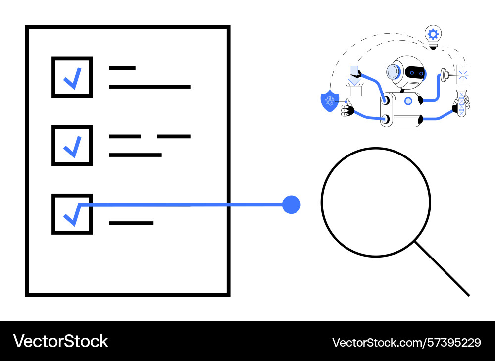 Robot automating checklist and magnifying glass Robot automating checklist and magnifying glass vector image