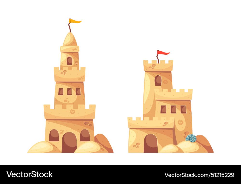 Two sandcastles each adorned with a red flag set Two sandcastles each adorned with a red flag set Vector Image