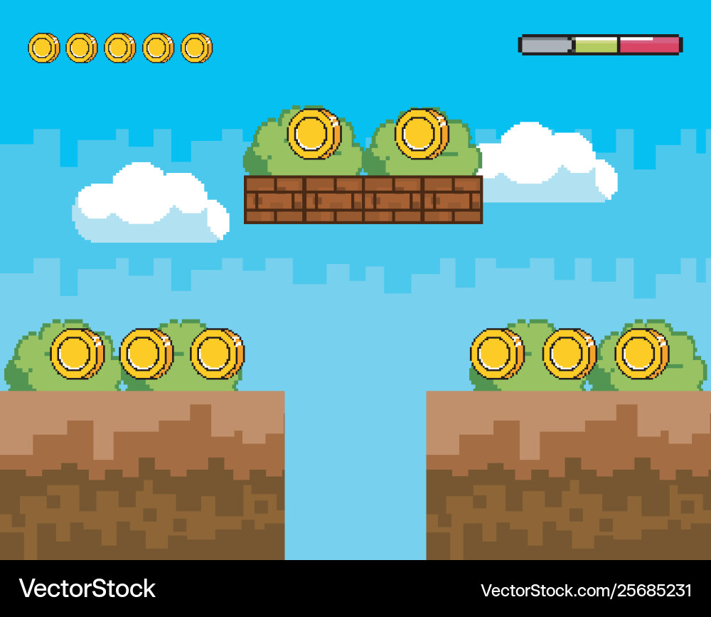 Arcade game world and pixel scene design Vector Image