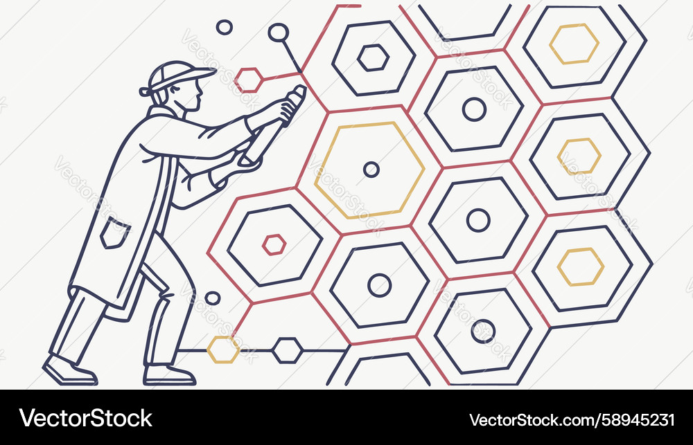 Data scientist interacting with hexagonal network Vector Image