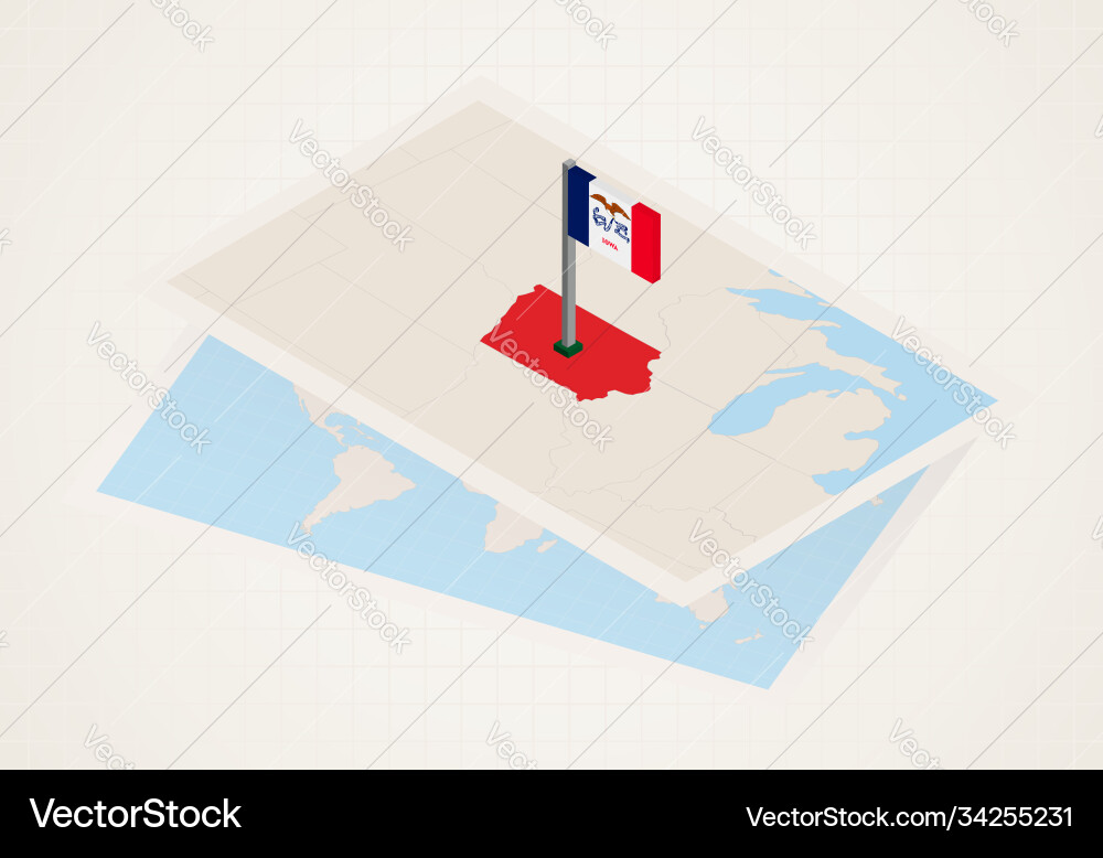 Iowa state selected on map with isometric flag Iowa state selected on map with isometric flag vector image